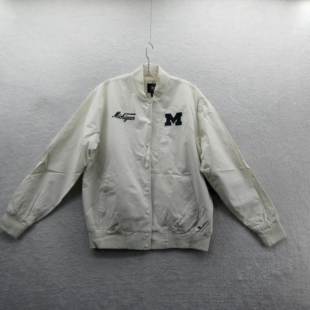 '47 Brand Jacket Mens Medium Michigan Wolverines Cream Snap Front Bomber 12559